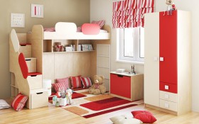 Детская комната Бэрри (Бежевый/Красный/корпус Клен) в Саргатском - sargatskoe.katalogmebeli.com | фото 1