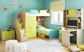 Детская комната Смайли (Желтый/Голубой/Зеленый/корпус Клен) в Саргатском - sargatskoe.katalogmebeli.com | фото 2