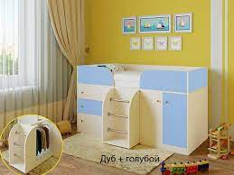 Кровать-чердак Малыш-4 Дуб молочный/Голубой в Саргатском - sargatskoe.katalogmebeli.com | фото