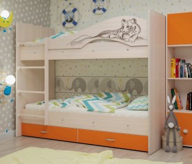 Кровать Мая-Сафари двухъярусная с ящикамиМлечный дуб/Оранжевый в Саргатском - sargatskoe.katalogmebeli.com | фото