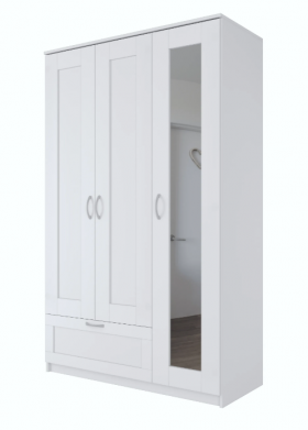 Шкаф трехдверный Сириус с зеркалом и 1 ящиком белый в Саргатском - sargatskoe.katalogmebeli.com | фото